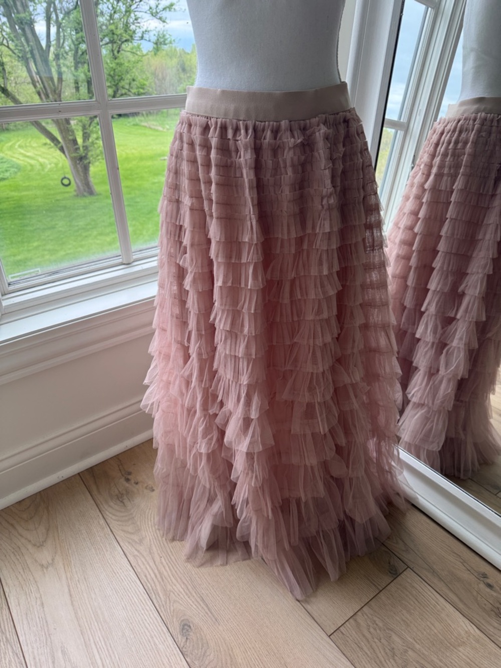 Tiered Ruffle Tulle Maxi Skirt - Dusty Pink/Beige